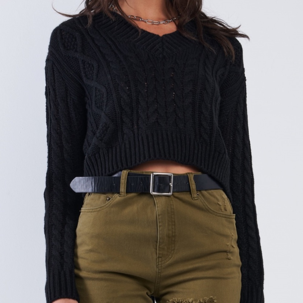 Black Cropped Sweater with V-Neck, Long Sleeves, and Self-Tie Open Back - Picture 2 of 4